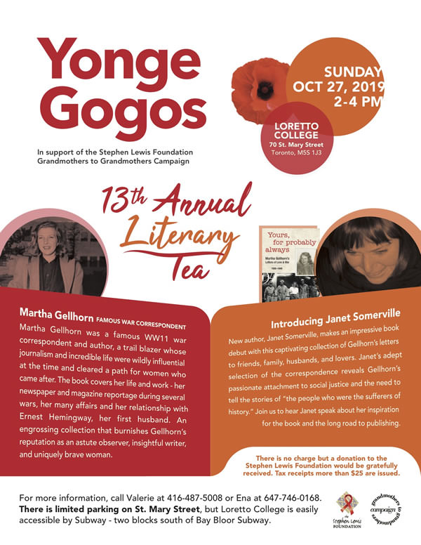 Sun Oct 27 Literary tea in support of the Stephen Lewis Foundation’s Grandmothers to Grandmothers Campaign. 