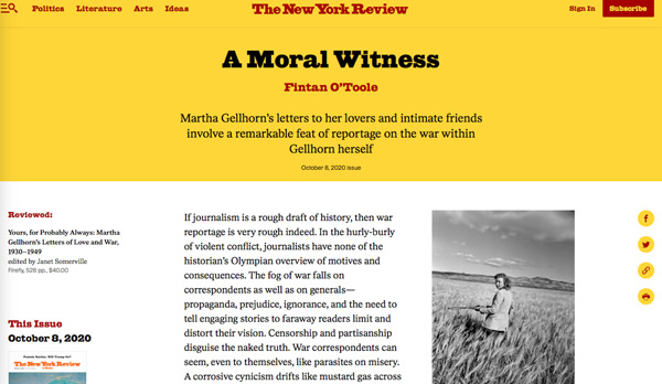 New York Review of Books, "A Moral Witness" by Fintan O'Toole October 8, 2020