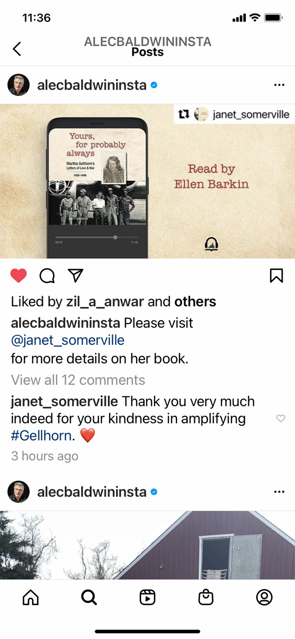 Alec Baldwin amplifies Yours, for Probably Always audiobook on Instagram.