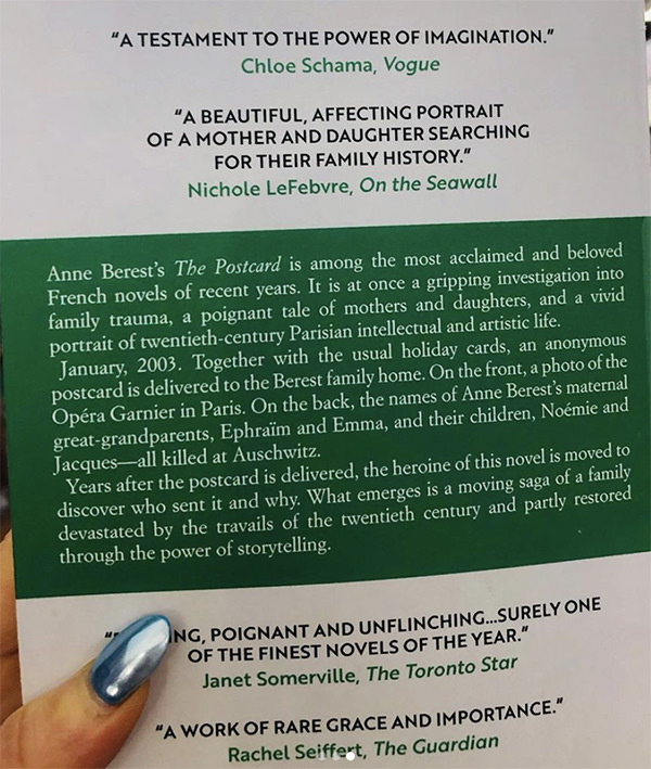 Cover blurb for Anne Berest's The Postcard