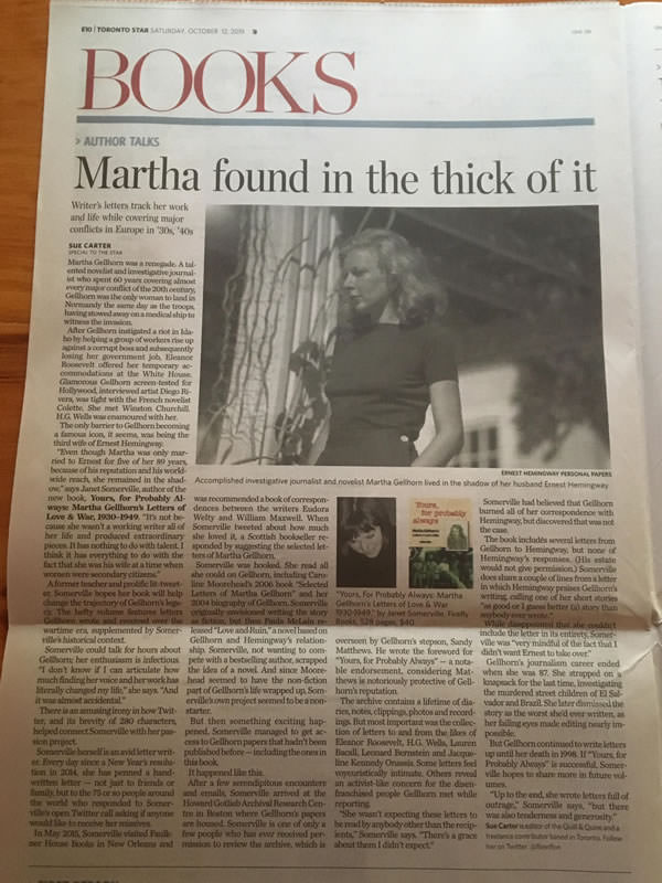 October 12, 2019 Author Talk by Sue Carter in the Toronto Star