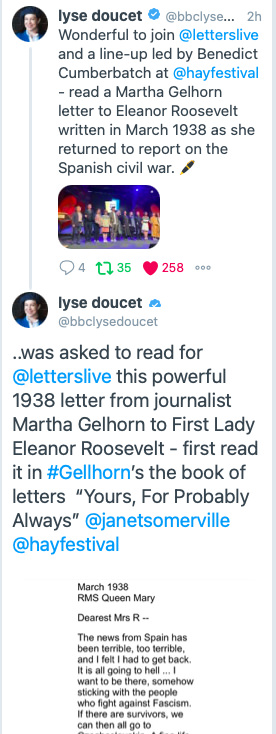 Twitter BBC Chief Foreign Correspondent, Lyse Doucet, reads a letter from Yours, for Probably Always at the Hay Festival, Letters Live