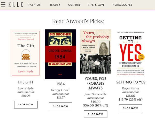 Elle Magazine Margaret Atwood recommends Yours, for Probably Always