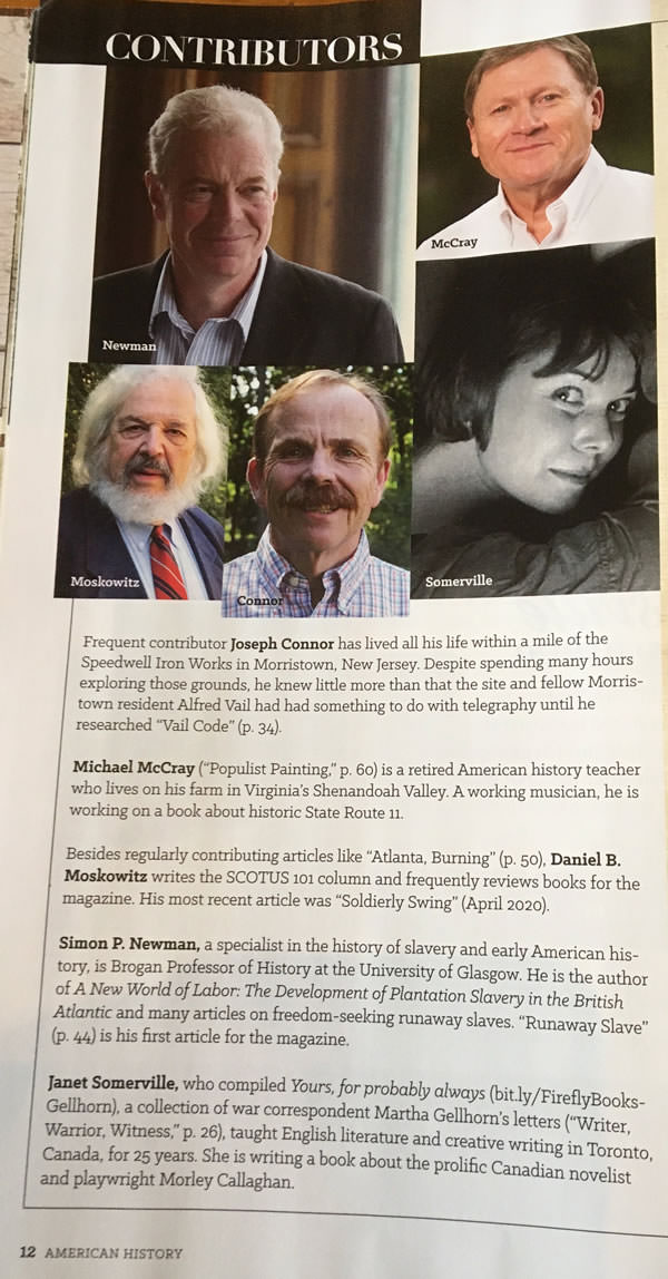 "Writer, Warrior, Witness" in American History (June 2020) issue